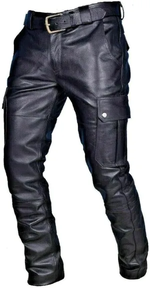 Mens Vintage Classic Steampunk Biker Pants Slim Fit Black Leather Motorcycle Long Pants Stretch Punk Retro Trousers
