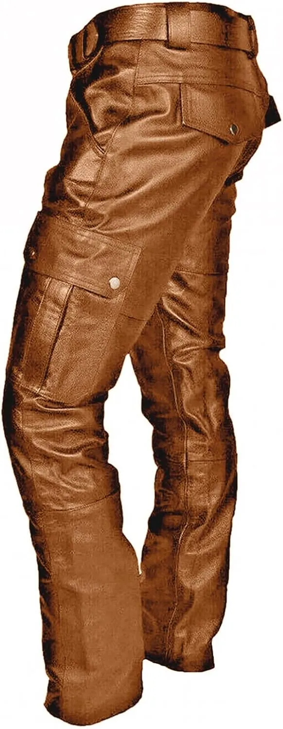 Mens Vintage Classic Steampunk Biker Pants Slim Fit Black Leather Motorcycle Long Pants Stretch Punk Retro Trousers