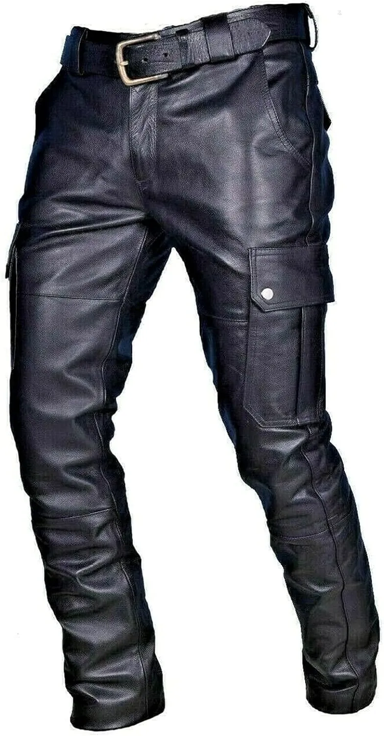 Mens Vintage Classic Steampunk Biker Pants Slim Fit Black Leather Motorcycle Long Pants Stretch Punk Retro Trousers