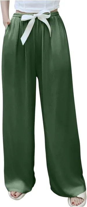 Palazzo Pants for Women Casual Cotton Linen Wide Leg Pants Elastic Waist Trousers with Pockets Summer Beach Loungewear