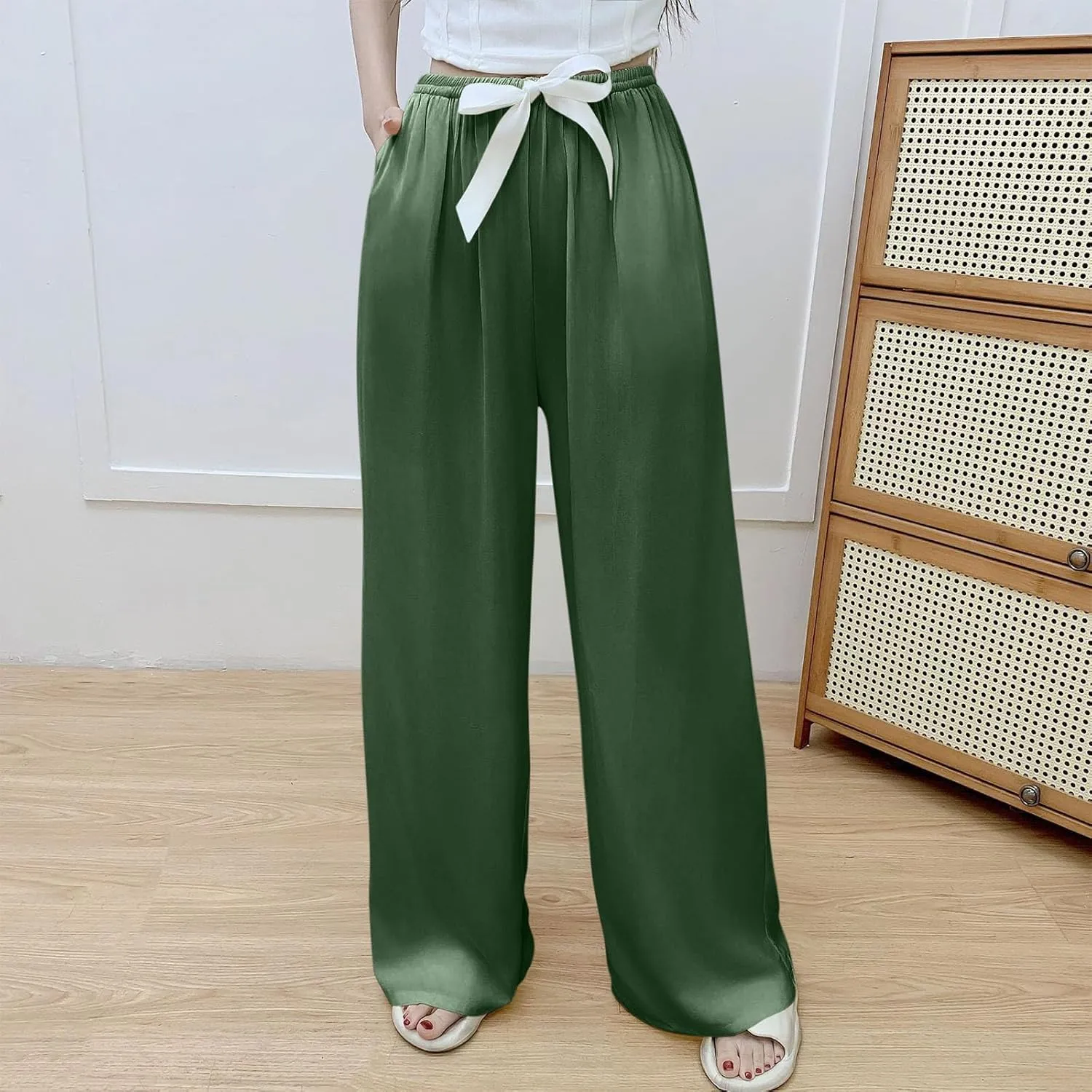Palazzo Pants for Women Casual Cotton Linen Wide Leg Pants Elastic Waist Trousers with Pockets Summer Beach Loungewear