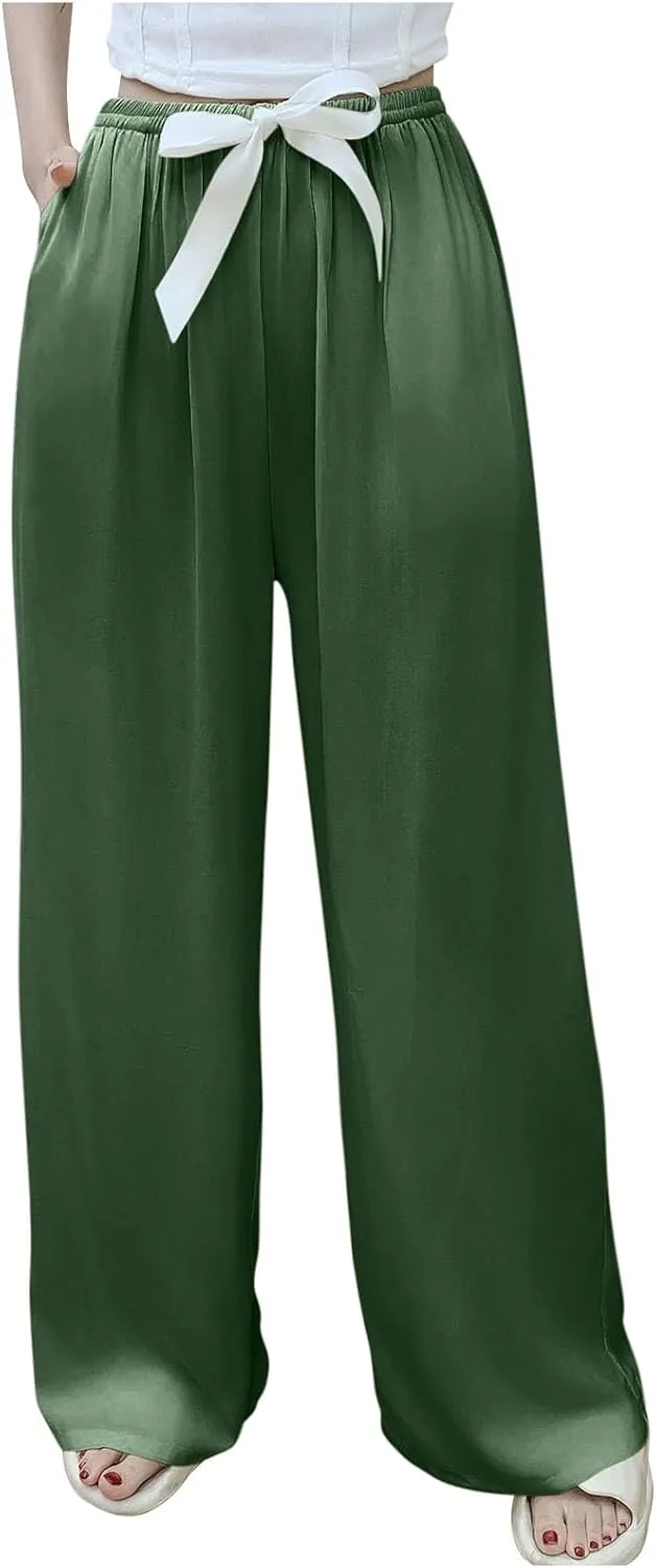 Palazzo Pants for Women Casual Cotton Linen Wide Leg Pants Elastic Waist Trousers with Pockets Summer Beach Loungewear