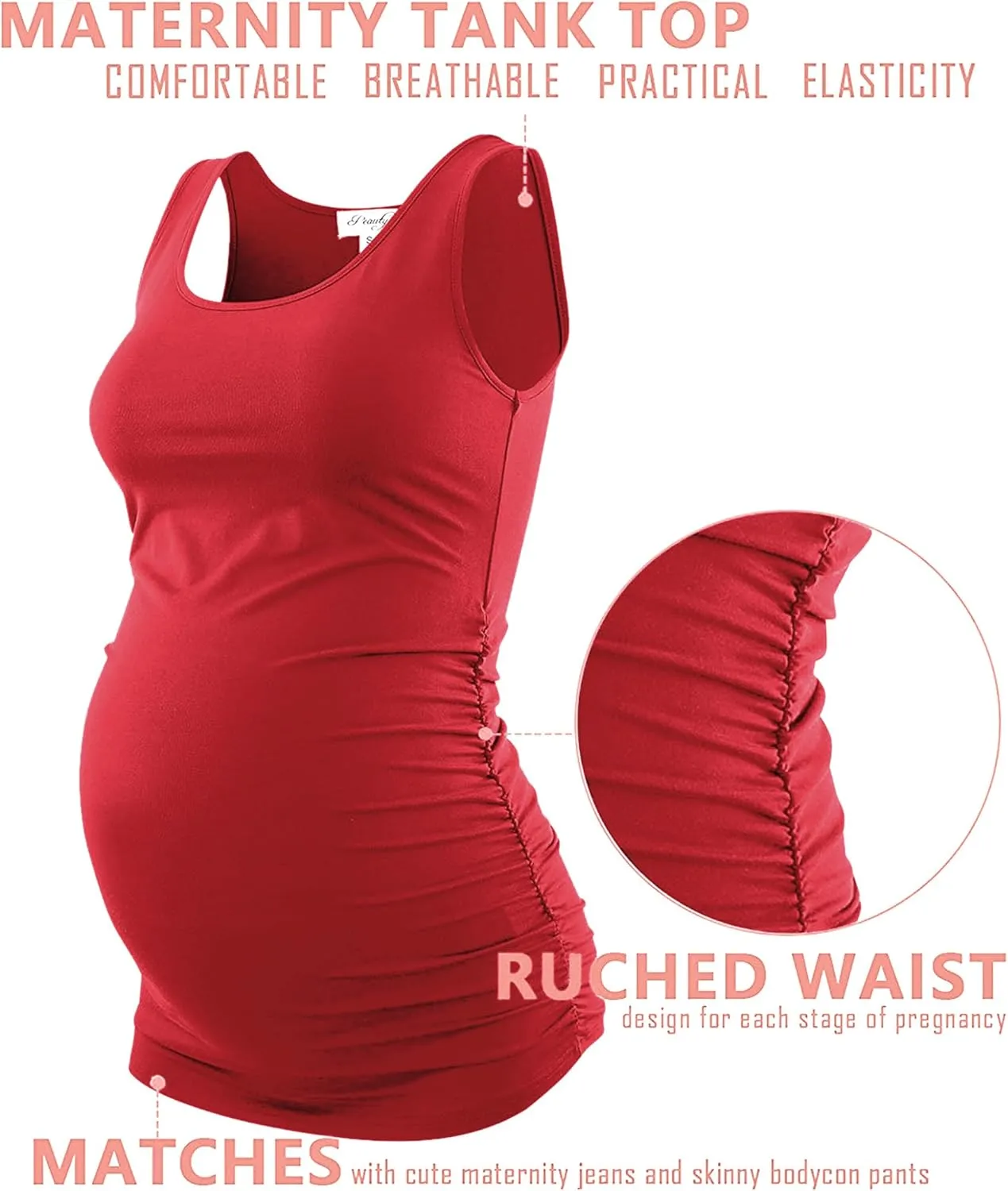 Peauty "Long Enough to Cover Hip Maternity Side Ruch Tank Tops/Basic Maternity Tops for Summer Casual Wear (S-3XL)