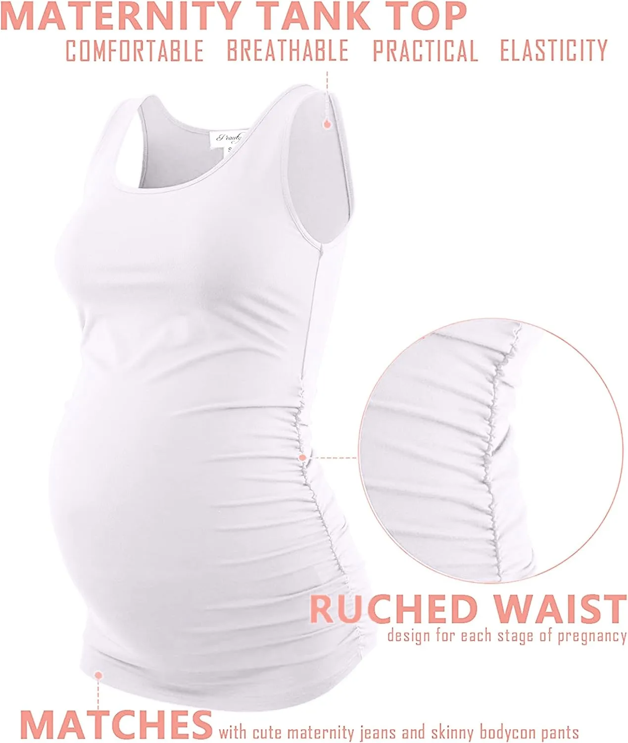 Peauty "Long Enough to Cover Hip Maternity Side Ruch Tank Tops/Basic Maternity Tops for Summer Casual Wear (S-3XL)