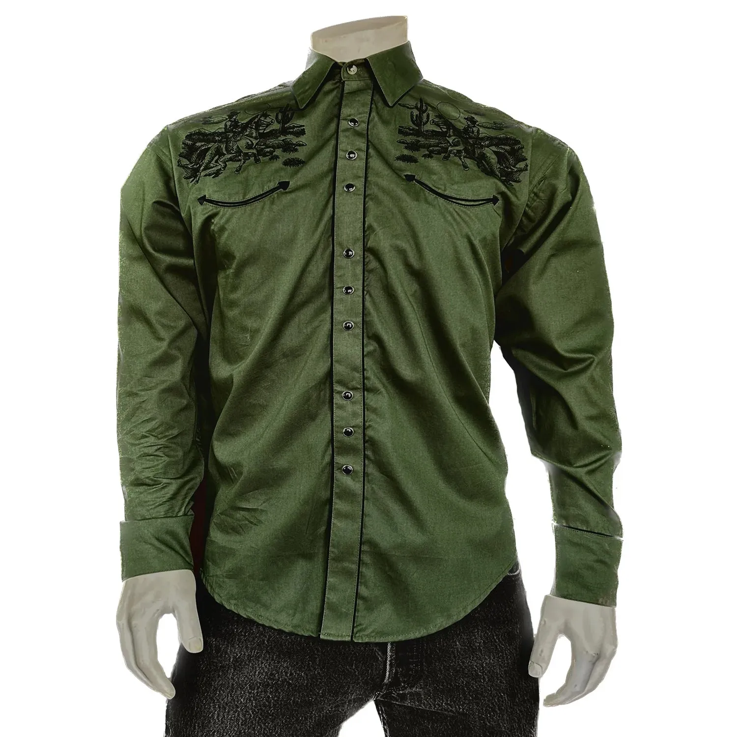 Rockmount Mens Vintage Rider Green 100% Cotton L/S Shirt
