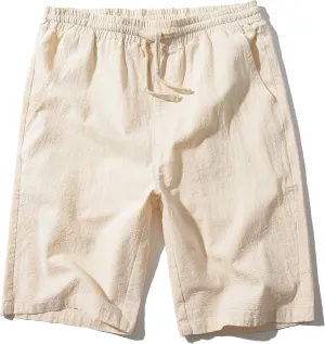 SIR7 Men's Linen Casual Classic Fit 11 Inch Inseam Elastic Waist Shorts with Drawstring