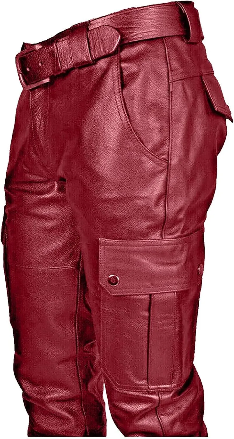 Thatrich Faux Leather Pants Men Bomber Winter Pants Steampunk Trousers Slim Fit Motorcycle Jeans Fashion Outfits with Pockets