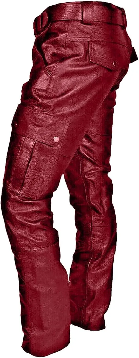 Thatrich Faux Leather Pants Men Bomber Winter Pants Steampunk Trousers Slim Fit Motorcycle Jeans Fashion Outfits with Pockets