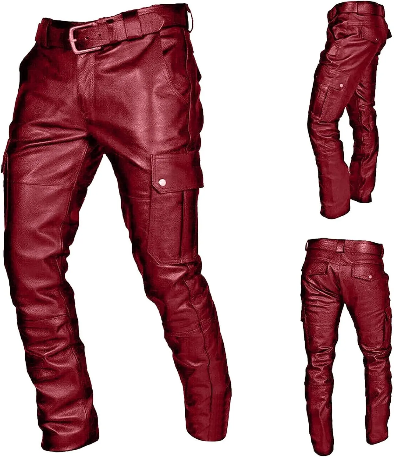 Thatrich Faux Leather Pants Men Bomber Winter Pants Steampunk Trousers Slim Fit Motorcycle Jeans Fashion Outfits with Pockets
