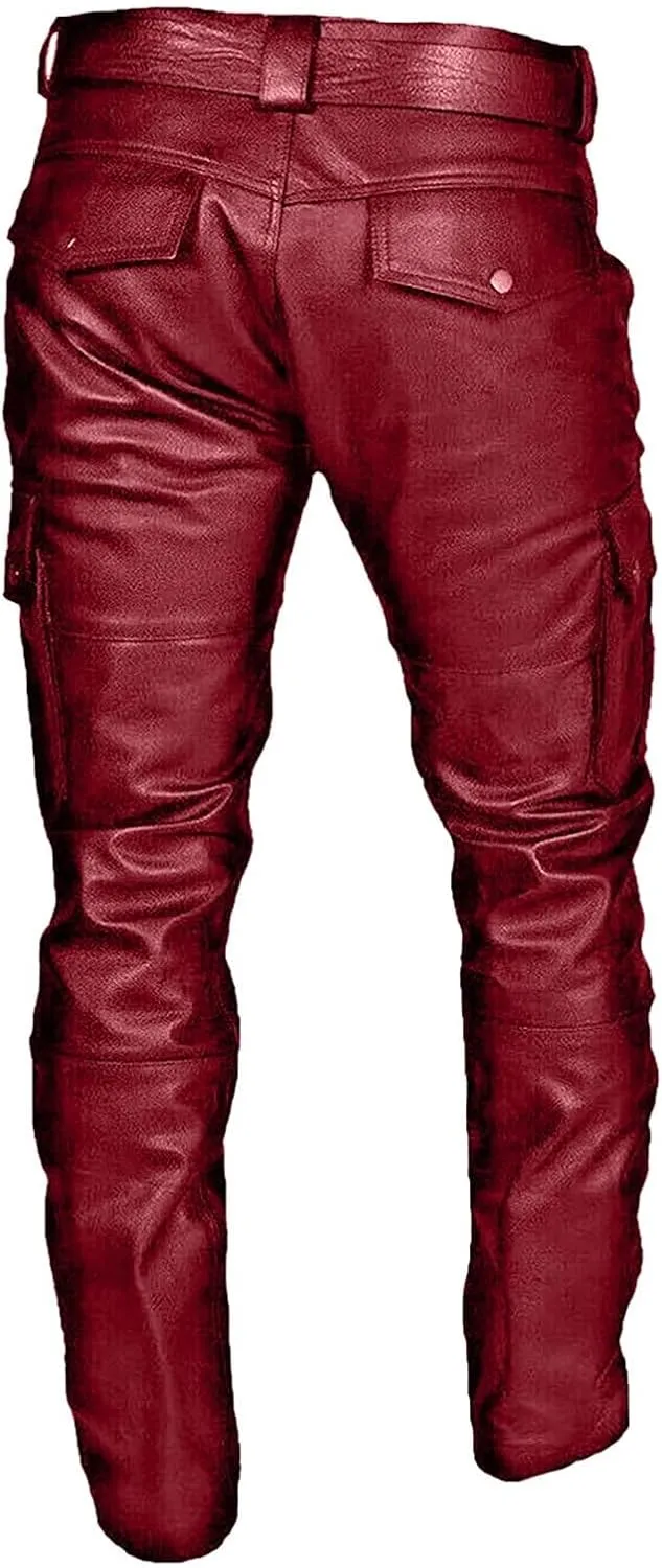 Thatrich Faux Leather Pants Men Bomber Winter Pants Steampunk Trousers Slim Fit Motorcycle Jeans Fashion Outfits with Pockets