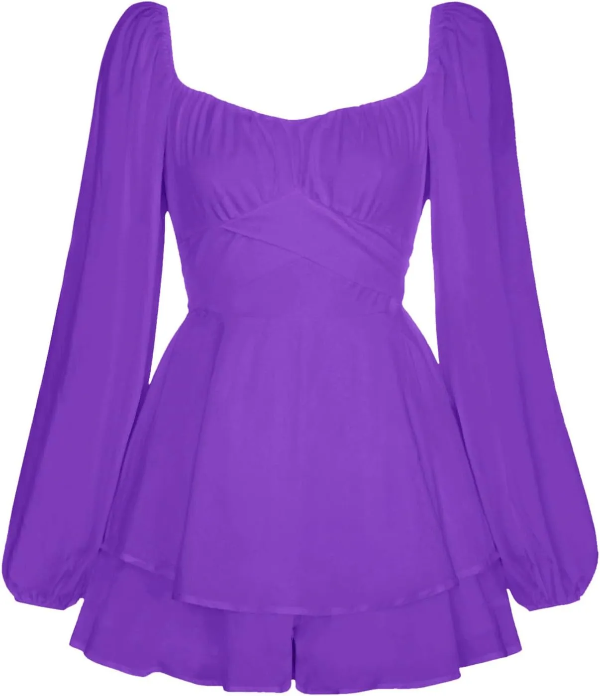 Women's 2025 Casual Long Sleeve Dresses Empire Waist Tie Back a Line Mini Dresses Layer Ruffle Hem Short Dresses