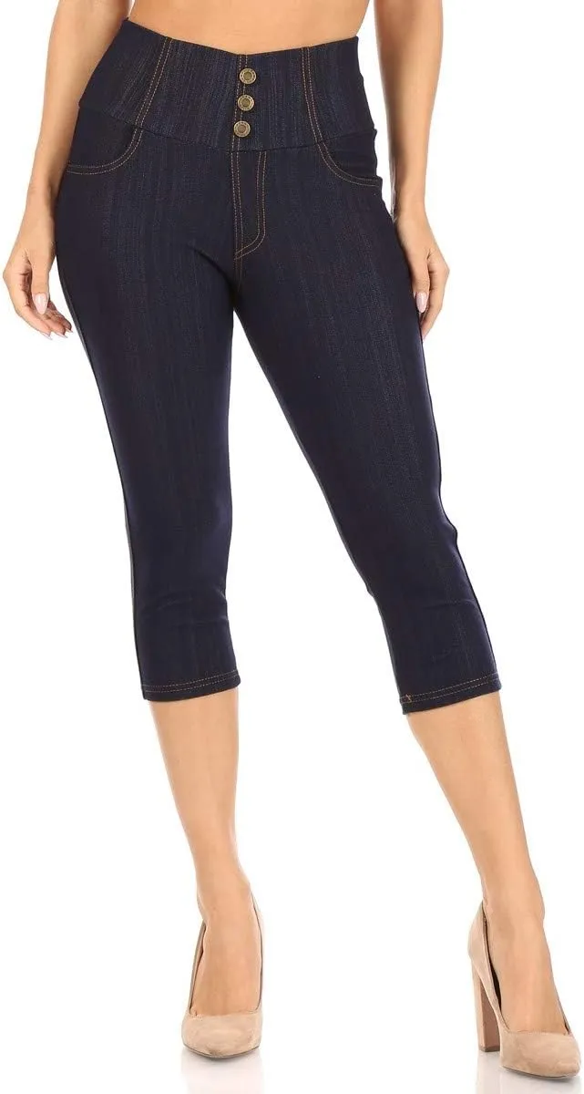 Women's Capri Denim Jeggings High Waisted Pull on Stretch Cropped Skinny Pants Regular & Plus Size
