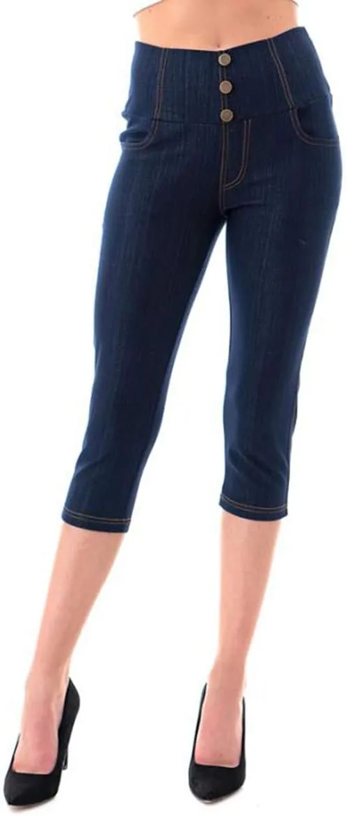 Women's Capri Denim Jeggings High Waisted Pull on Stretch Cropped Skinny Pants Regular & Plus Size