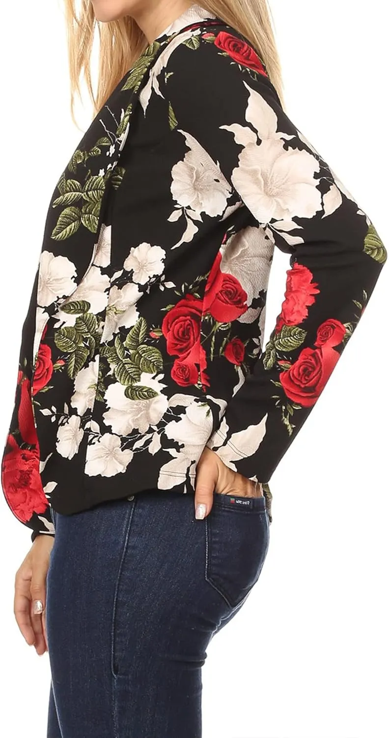 Women's Casual Floral Print Fitted Open Front Long Sleeves Office Blazer Jacket