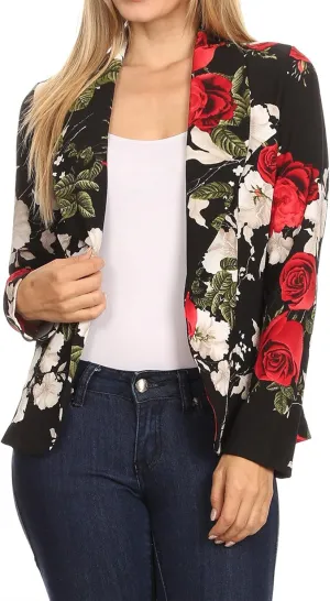 Women's Casual Floral Print Fitted Open Front Long Sleeves Office Blazer Jacket