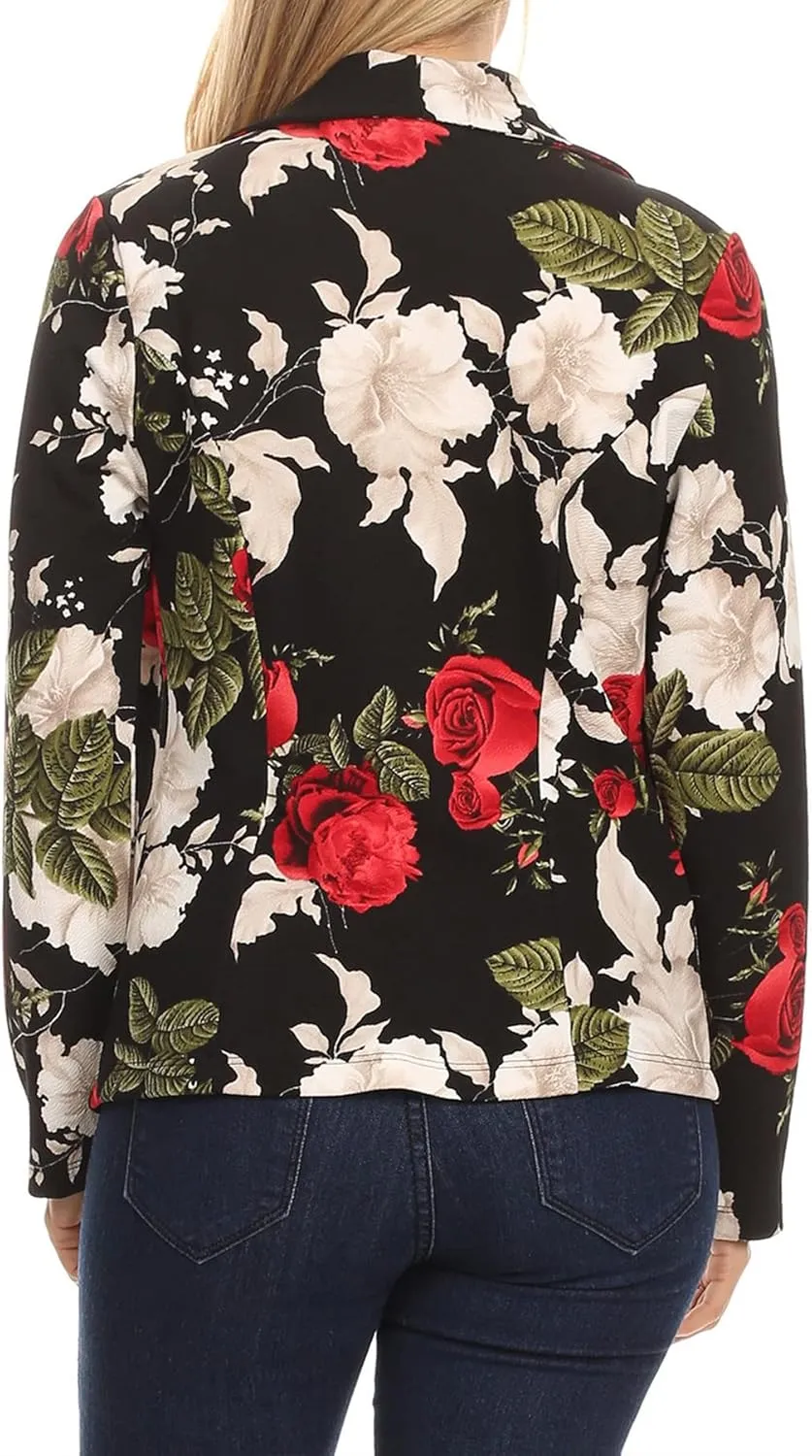 Women's Casual Floral Print Fitted Open Front Long Sleeves Office Blazer Jacket