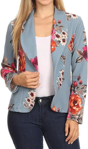 Women's Casual Floral Print Fitted Open Front Long Sleeves Office Blazer Jacket