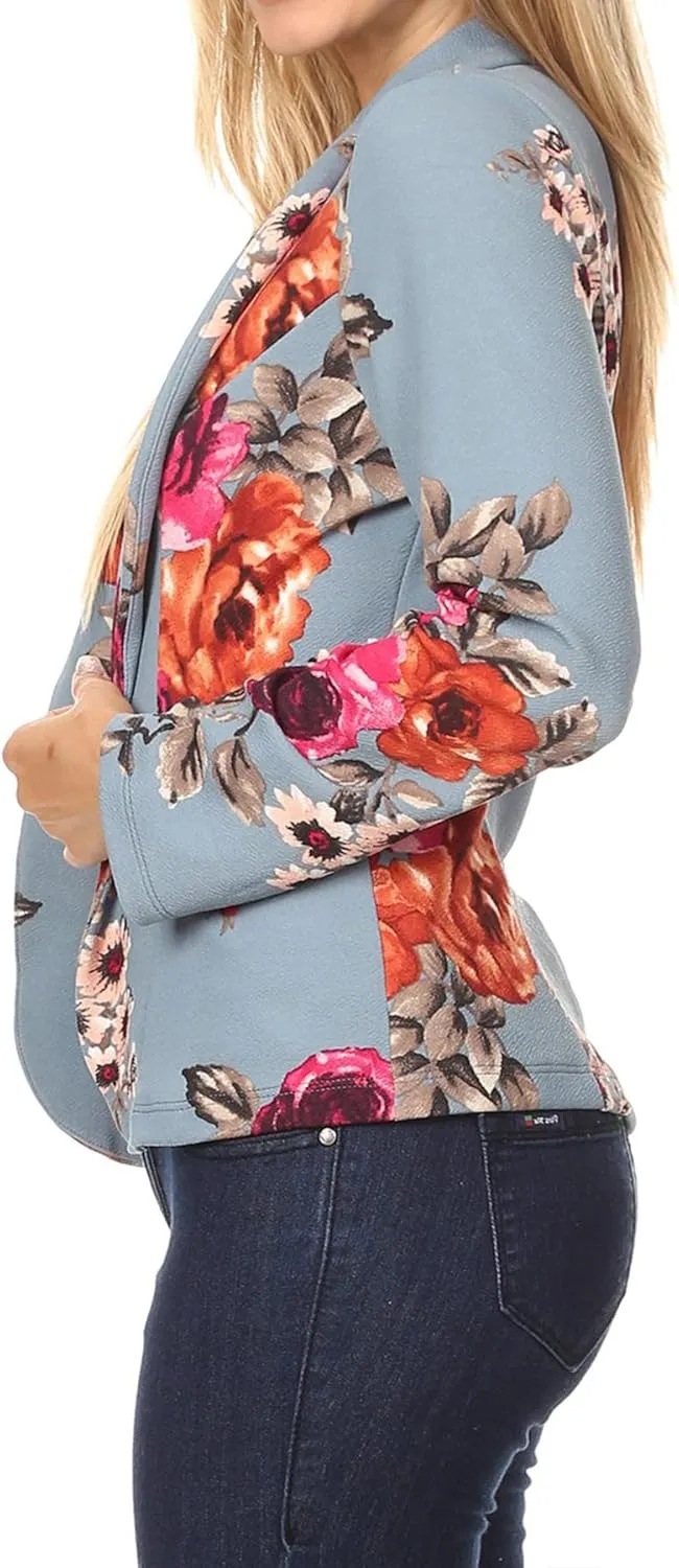 Women's Casual Floral Print Fitted Open Front Long Sleeves Office Blazer Jacket
