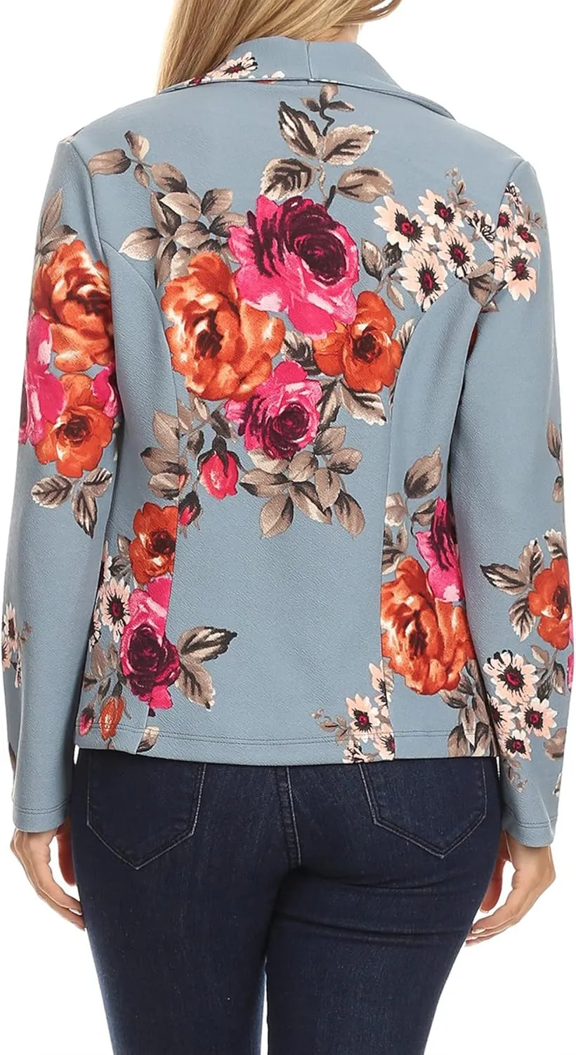 Women's Casual Floral Print Fitted Open Front Long Sleeves Office Blazer Jacket