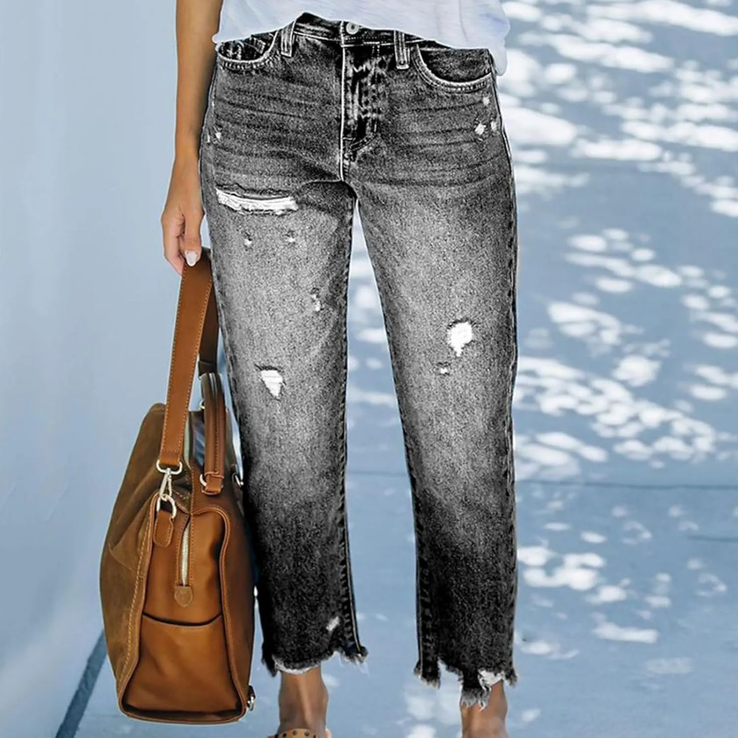 Womens Distressed Ripped Denim Pants High Waist Wide Leg Fashion Cropped Trousers Classic Jeans Pockets Streetwear