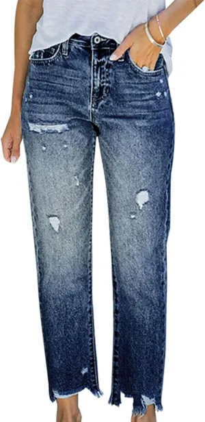 Womens Distressed Ripped Denim Pants High Waist Wide Leg Fashion Cropped Trousers Classic Jeans Pockets Streetwear