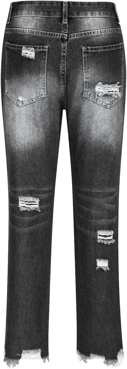 Womens Distressed Ripped Denim Pants High Waist Wide Leg Fashion Cropped Trousers Classic Jeans Pockets Streetwear