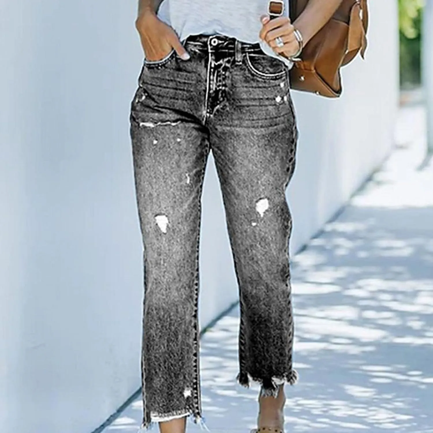 Womens Distressed Ripped Denim Pants High Waist Wide Leg Fashion Cropped Trousers Classic Jeans Pockets Streetwear