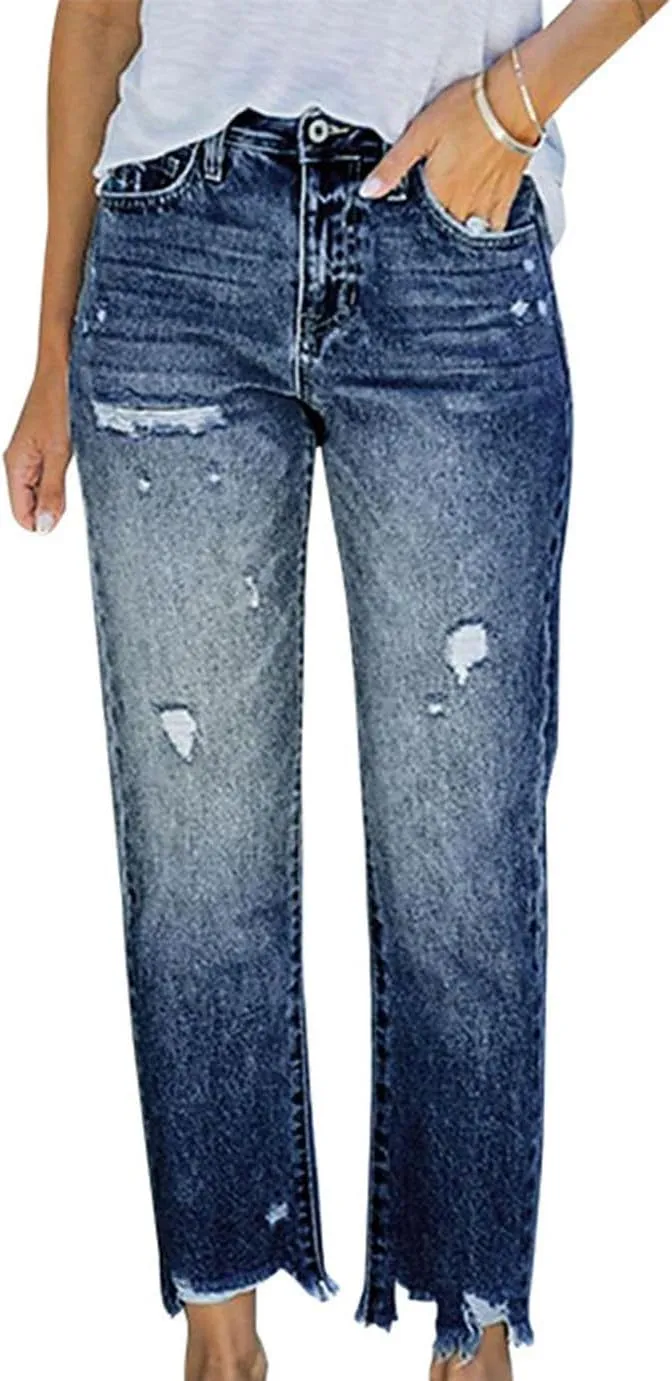 Womens Distressed Ripped Denim Pants High Waist Wide Leg Fashion Cropped Trousers Classic Jeans Pockets Streetwear