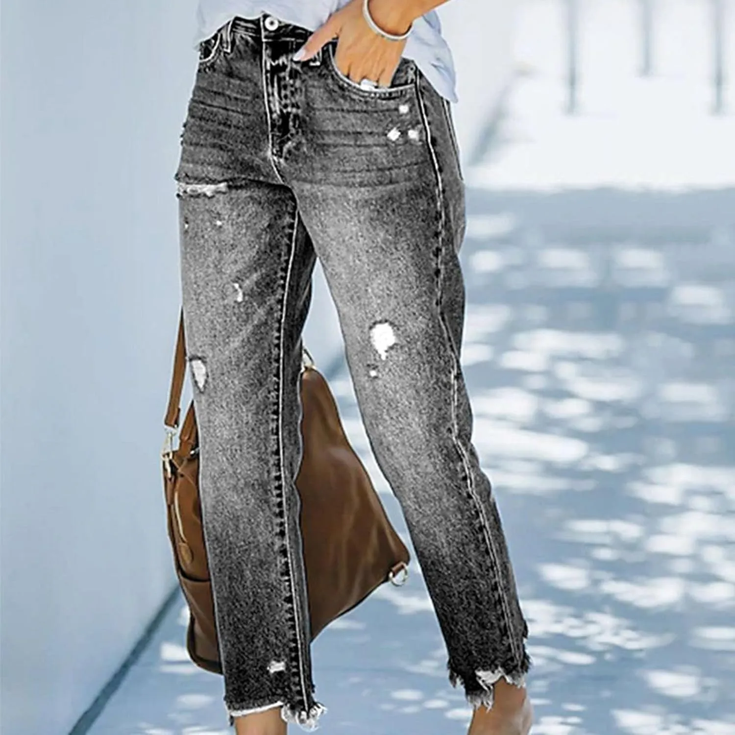 Womens Distressed Ripped Denim Pants High Waist Wide Leg Fashion Cropped Trousers Classic Jeans Pockets Streetwear