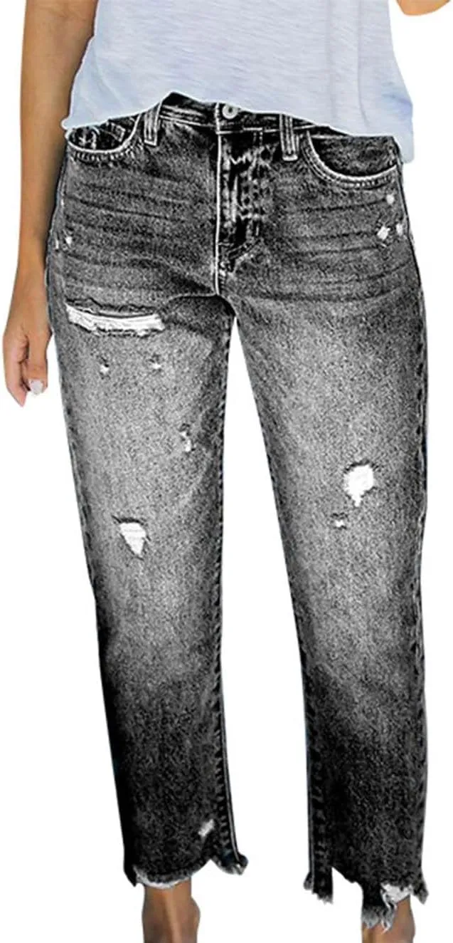 Womens Distressed Ripped Denim Pants High Waist Wide Leg Fashion Cropped Trousers Classic Jeans Pockets Streetwear