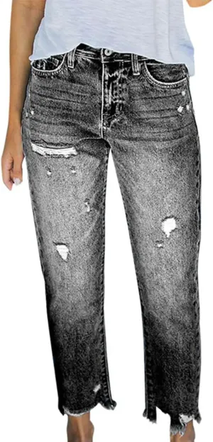 Womens Distressed Ripped Denim Pants High Waist Wide Leg Fashion Cropped Trousers Classic Jeans Pockets Streetwear