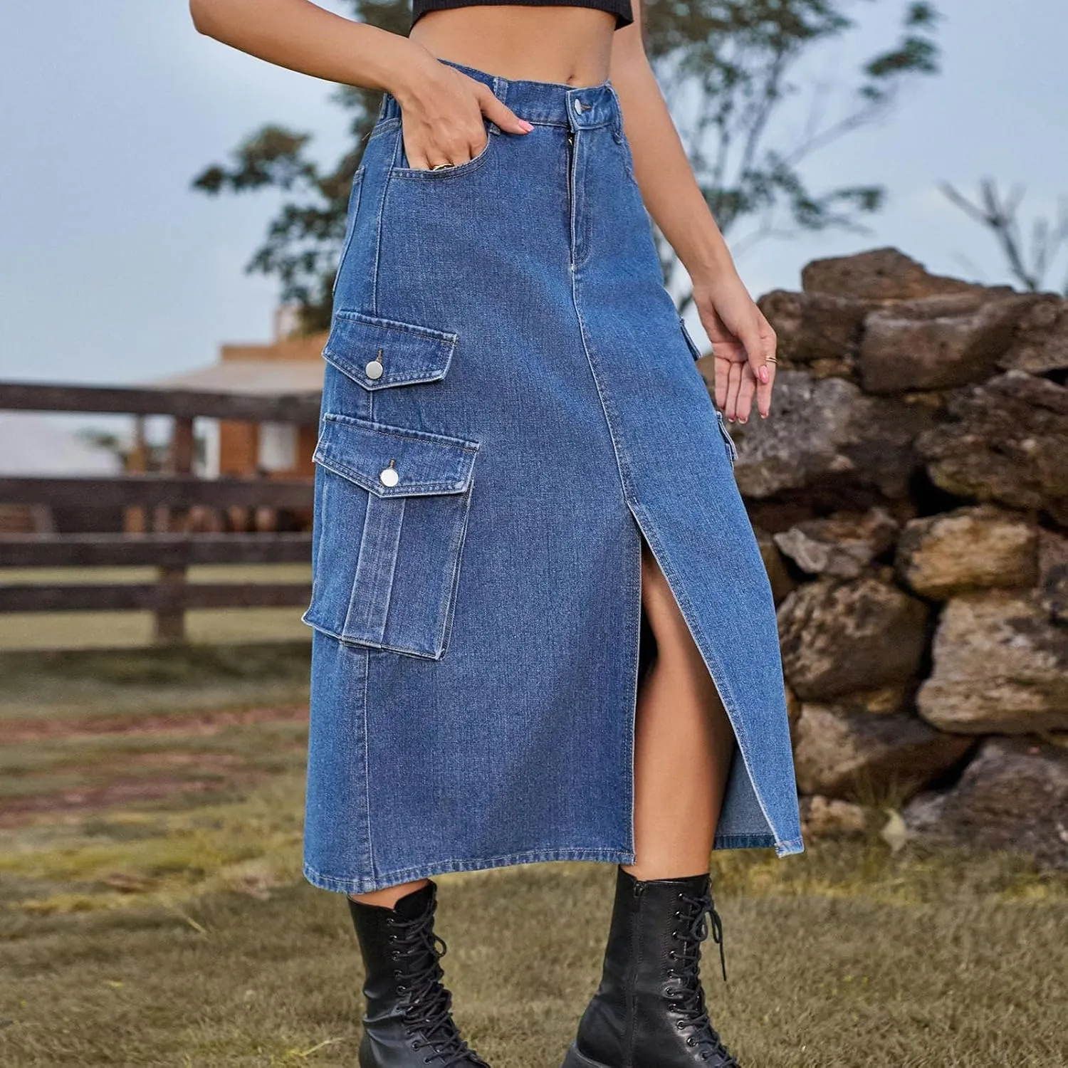 Women's Maxi Long Denim Skirt High Waist Split Casual Side Flap Pocket A-Line Twill Skirt Classic Midi Jean Skirt