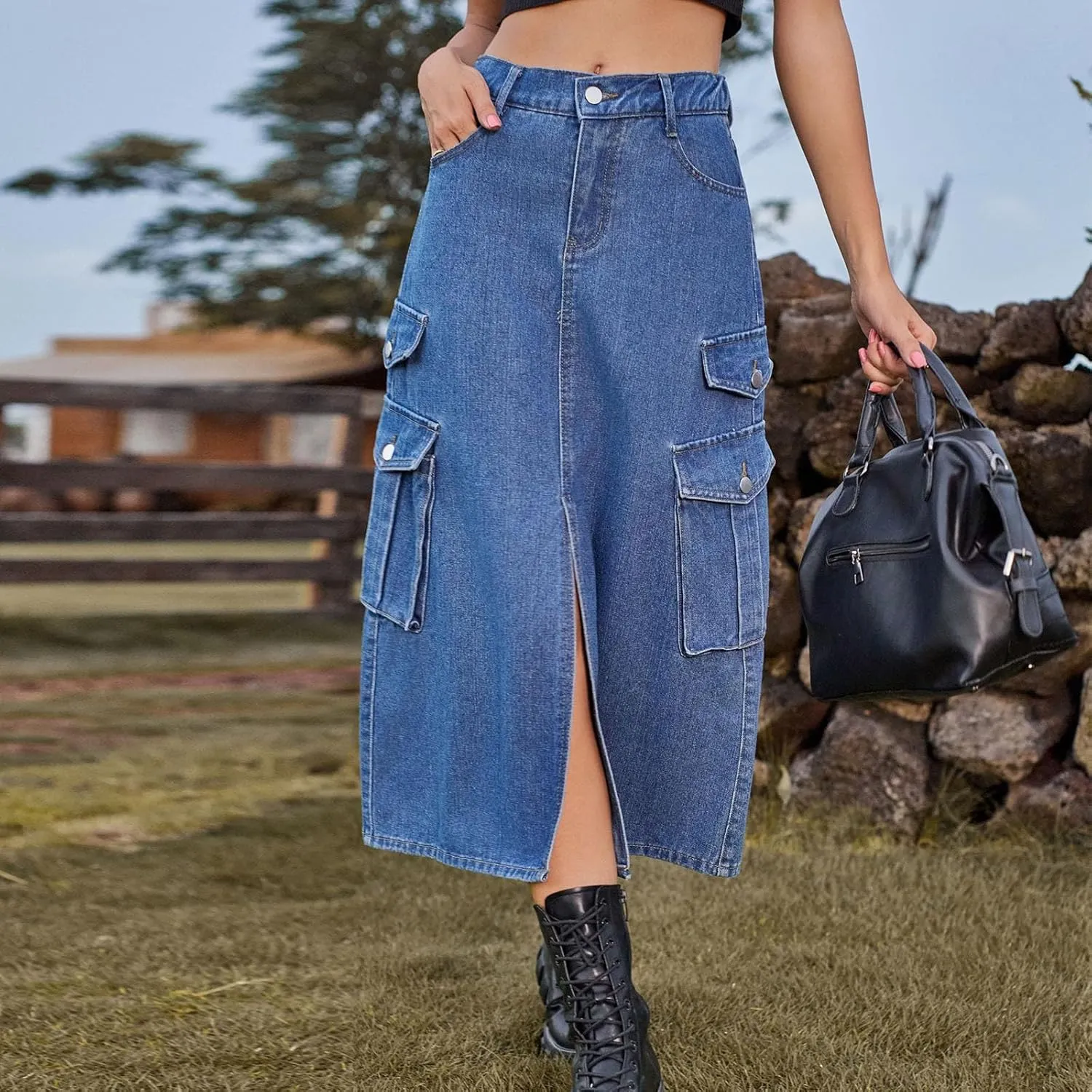 Women's Maxi Long Denim Skirt High Waist Split Casual Side Flap Pocket A-Line Twill Skirt Classic Midi Jean Skirt
