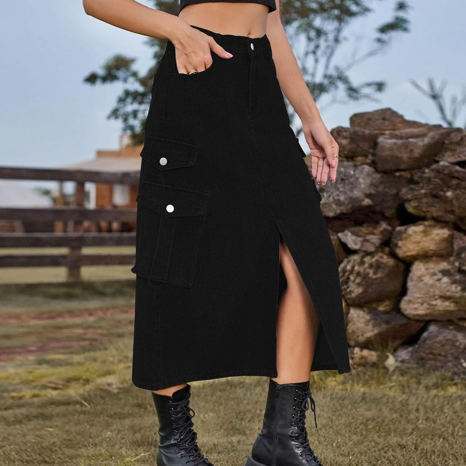 Women's Maxi Long Denim Skirt High Waist Split Casual Side Flap Pocket A-Line Twill Skirt Classic Midi Jean Skirt