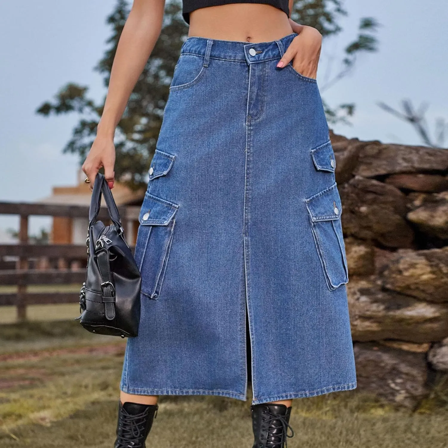 Women's Maxi Long Denim Skirt High Waist Split Casual Side Flap Pocket A-Line Twill Skirt Classic Midi Jean Skirt
