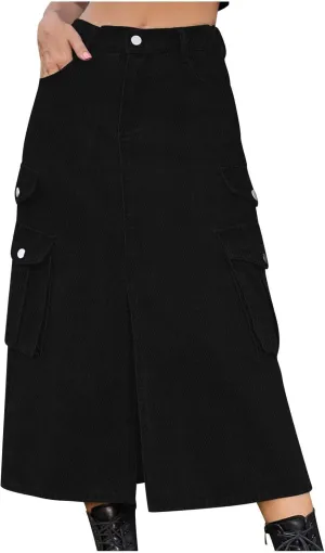 Women's Maxi Long Denim Skirt High Waist Split Casual Side Flap Pocket A-Line Twill Skirt Classic Midi Jean Skirt
