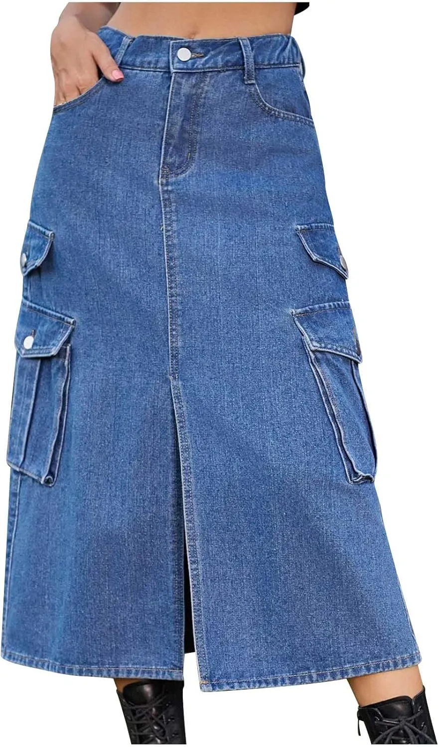 Women's Maxi Long Denim Skirt High Waist Split Casual Side Flap Pocket A-Line Twill Skirt Classic Midi Jean Skirt