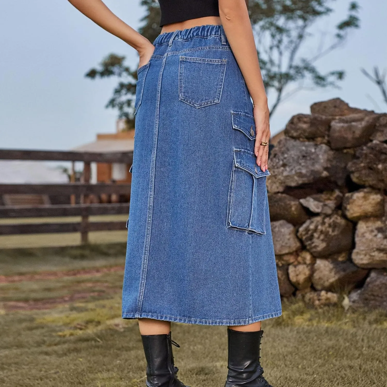 Women's Maxi Long Denim Skirt High Waist Split Casual Side Flap Pocket A-Line Twill Skirt Classic Midi Jean Skirt