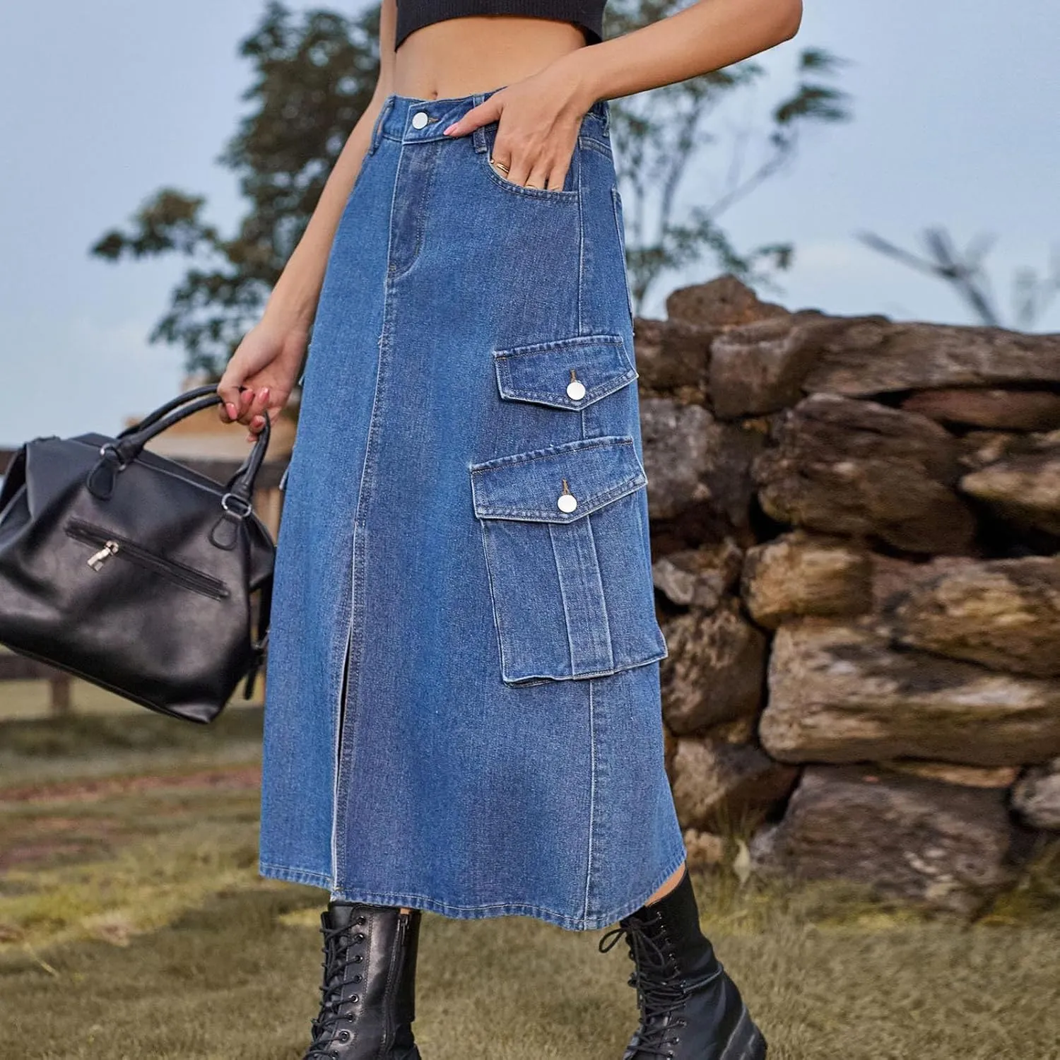 Women's Maxi Long Denim Skirt High Waist Split Casual Side Flap Pocket A-Line Twill Skirt Classic Midi Jean Skirt