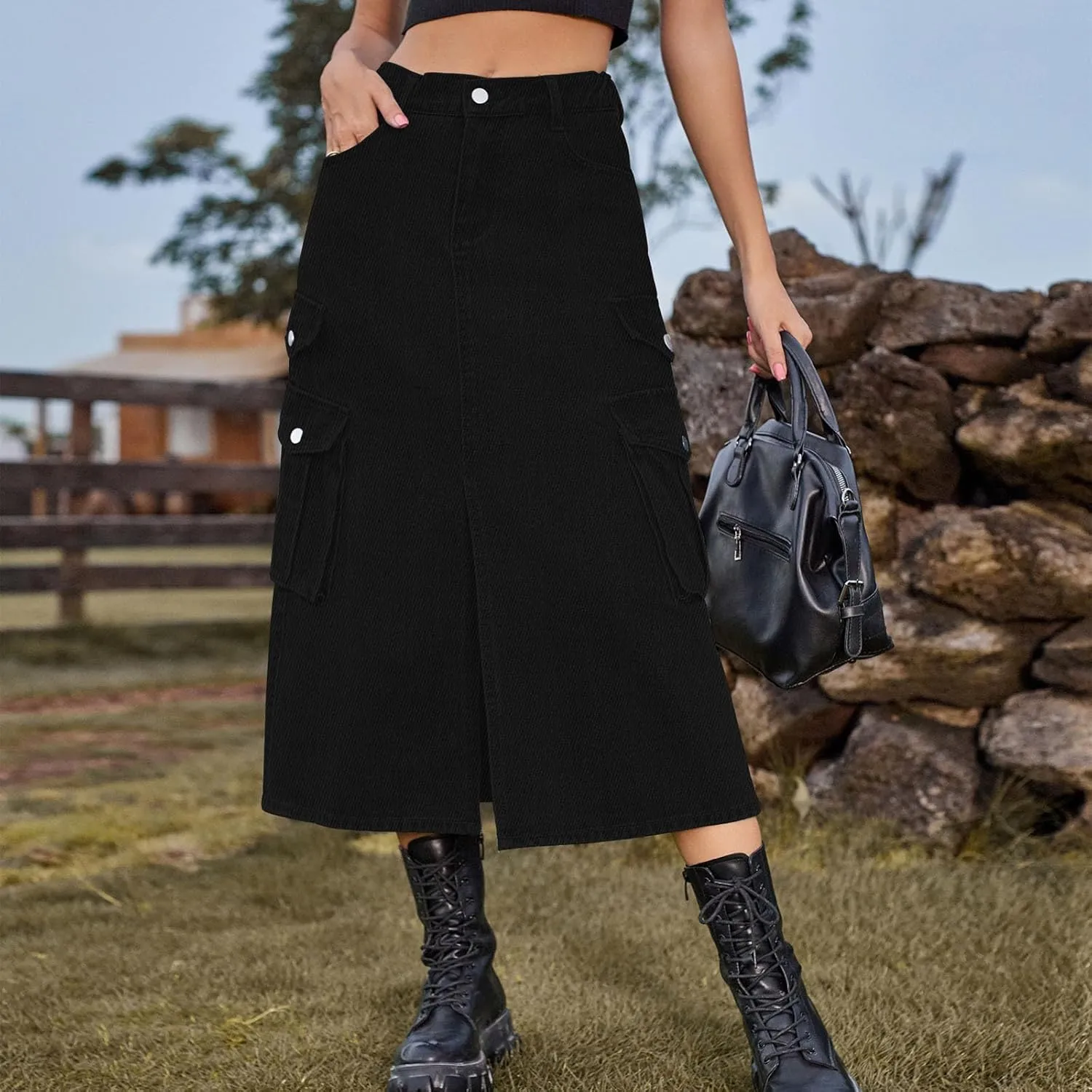 Women's Maxi Long Denim Skirt High Waist Split Casual Side Flap Pocket A-Line Twill Skirt Classic Midi Jean Skirt