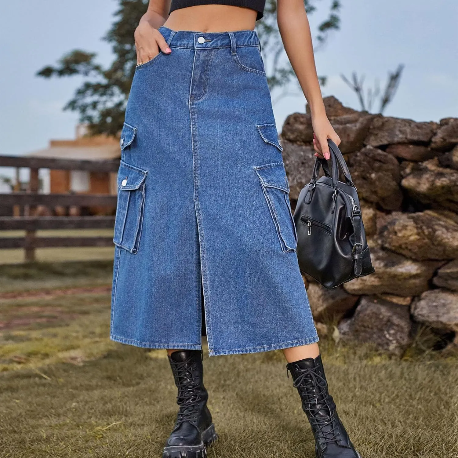 Women's Maxi Long Denim Skirt High Waist Split Casual Side Flap Pocket A-Line Twill Skirt Classic Midi Jean Skirt