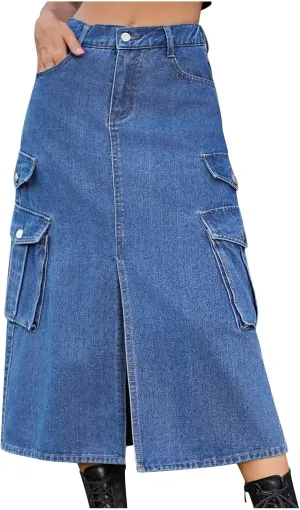 Women's Maxi Long Denim Skirt High Waist Split Casual Side Flap Pocket A-Line Twill Skirt Classic Midi Jean Skirt