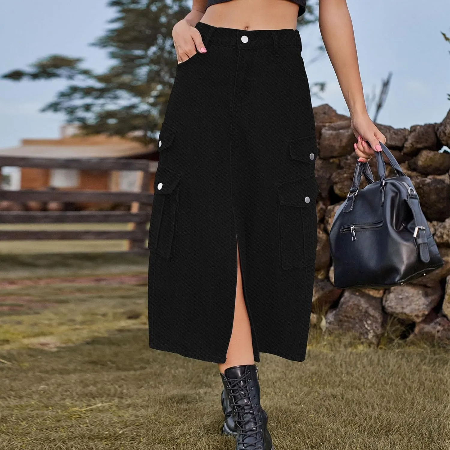 Women's Maxi Long Denim Skirt High Waist Split Casual Side Flap Pocket A-Line Twill Skirt Classic Midi Jean Skirt