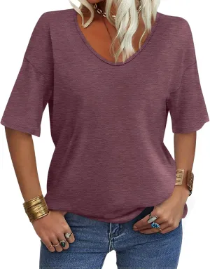 Women's V Neck Tops Elbow Length Shirts Loose Fit Summer Tops Basic Tees