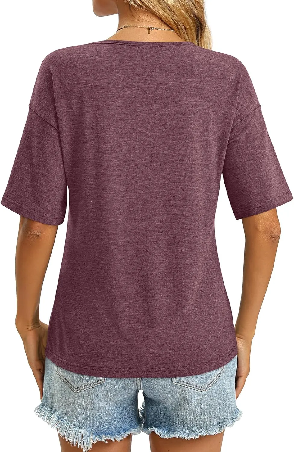 Women's V Neck Tops Elbow Length Shirts Loose Fit Summer Tops Basic Tees