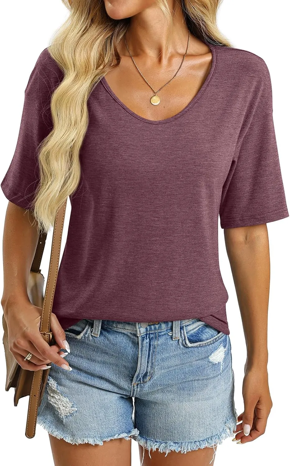 Women's V Neck Tops Elbow Length Shirts Loose Fit Summer Tops Basic Tees