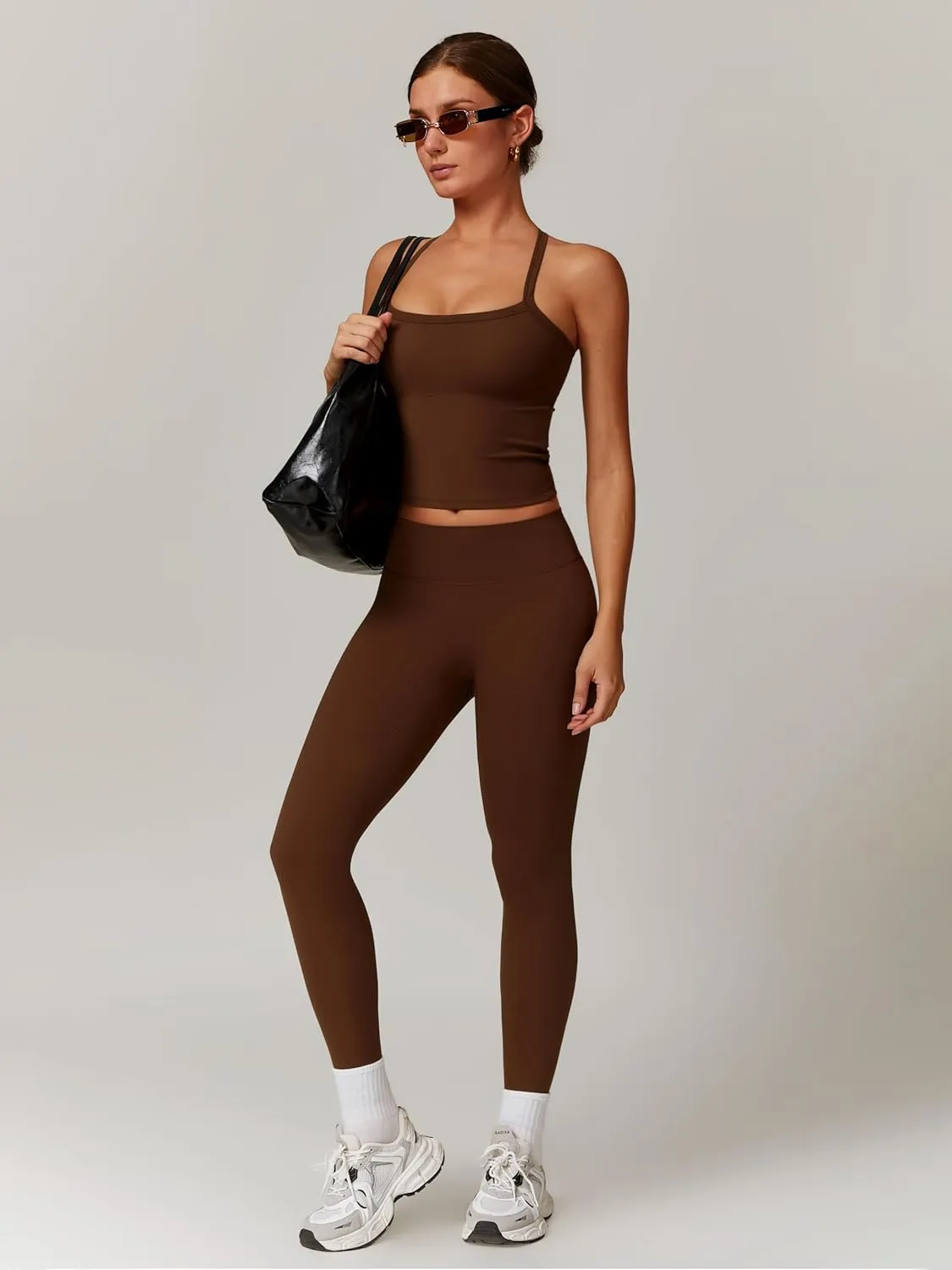 Women's Yoga Outfits Backless Strappy Sports Bra and Seamless Leggings Matching Active Jogger Outfits