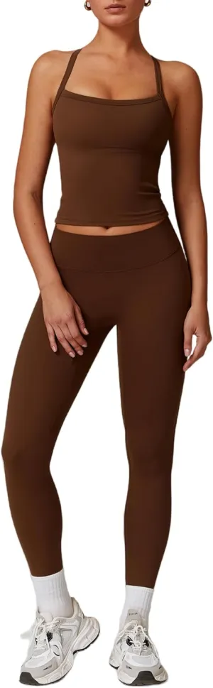 Women's Yoga Outfits Backless Strappy Sports Bra and Seamless Leggings Matching Active Jogger Outfits
