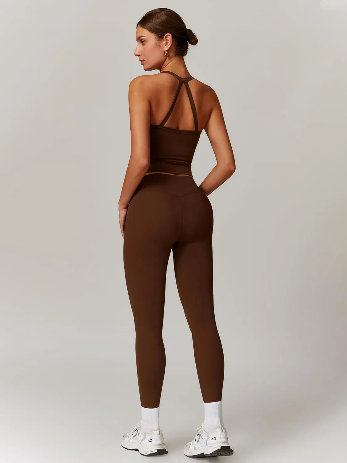 Women's Yoga Outfits Backless Strappy Sports Bra and Seamless Leggings Matching Active Jogger Outfits