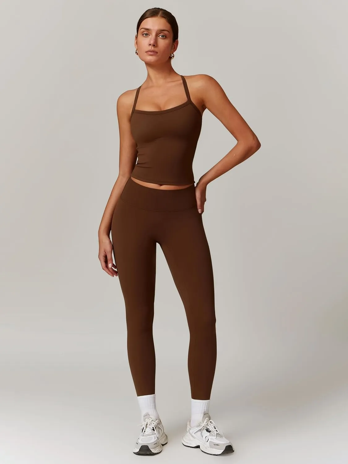 Women's Yoga Outfits Backless Strappy Sports Bra and Seamless Leggings Matching Active Jogger Outfits